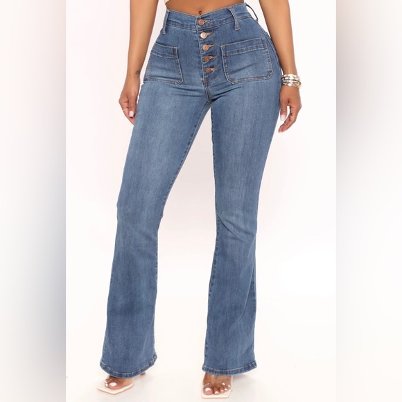 Fashion Nova Katt Flare Button Jeans - Medium Blue Wash - Picture 9 of 12